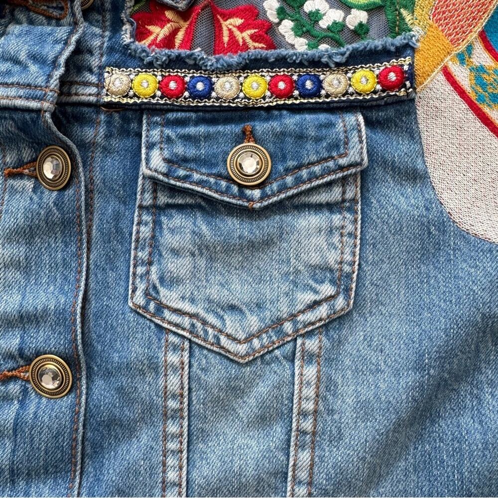 Desigual Fiorella Embroidered Denim Jacket Knitted Sleeves Bohemian Size 4 US - Picture 9 of 13